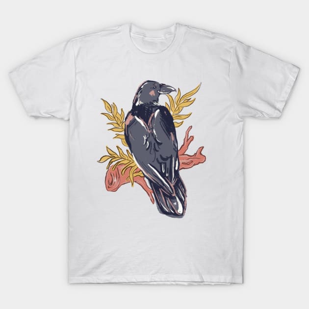 Graphic Fall Crow T-Shirt by livelonganddraw